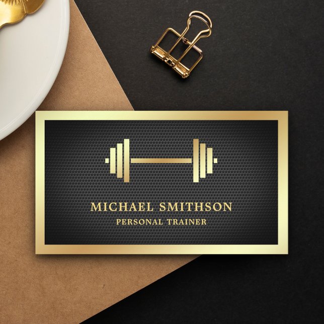 Carte De Visite Black Mesh Gold Dumbbell Fitness Personal Trainer (Créateur téléchargé)
