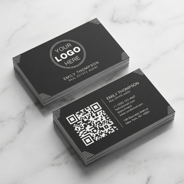 Carte De Visite Black Minimalist Art Deco QR Code Layout (Modern Black Business Card Design with QR Code | Minimalist Branding)