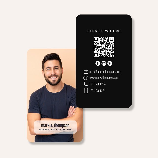 Carte De Visite Black Minimalist QR Code Photo Connect Modern (Black QR code business card with photo and sleek modern minimalist layout)