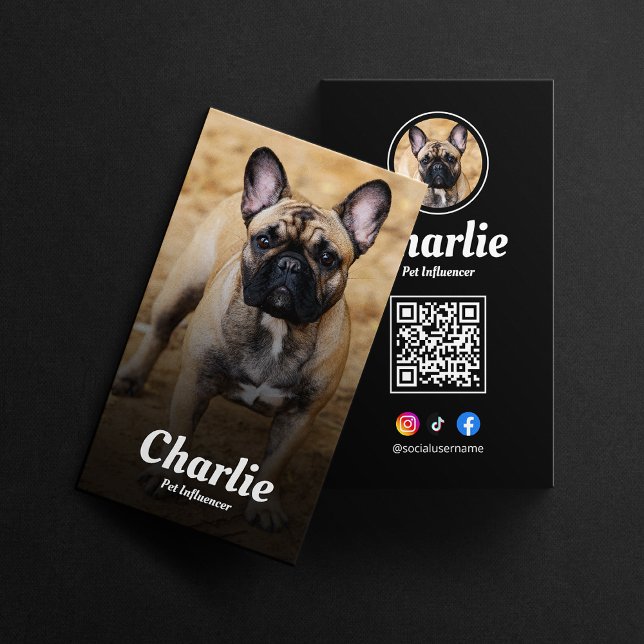 Carte De Visite Black Pet Social Media QR Code Chien Pet Influence (Créateur téléchargé)