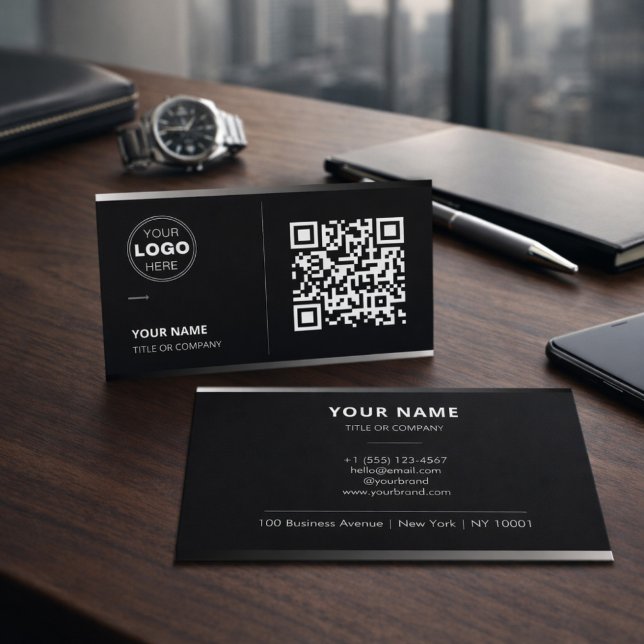 Carte De Visite Black QR Code Business Card with Logo | Modern (Créateur téléchargé)