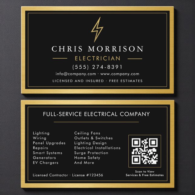 Carte De Visite Black QR Code Electrician Electrical Contractor  (Créateur téléchargé)