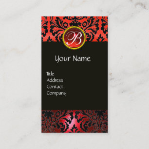 CARTE DE VISITE BLACK RED DAMASK FLORAL RED RUBY GEM MONOGRAM