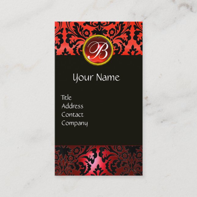 CARTE DE VISITE BLACK RED DAMASK FLORAL RED RUBY GEM MONOGRAM (Devant)