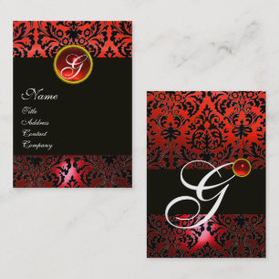 Carte De Visite BLACK RED DAMASK MONOGRAM FLORAL, Ruby Gem