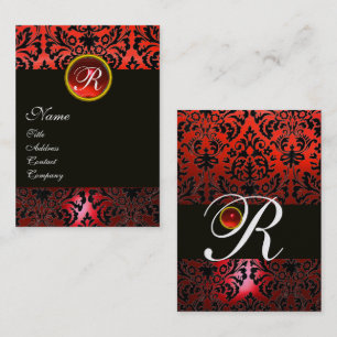 Carte De Visite BLACK RED DAMASK MONOGRAM FLORAL, Ruby Gemstone