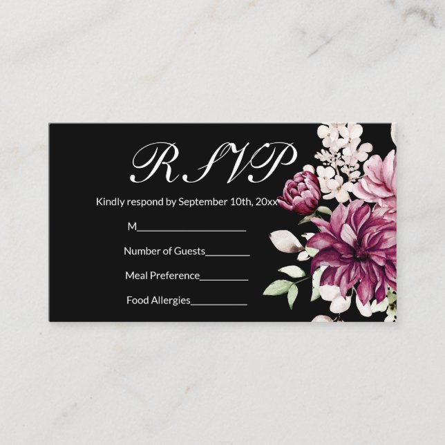 Carte De Visite Black Romantic Bloom Floral Peony RSVP (Devant)