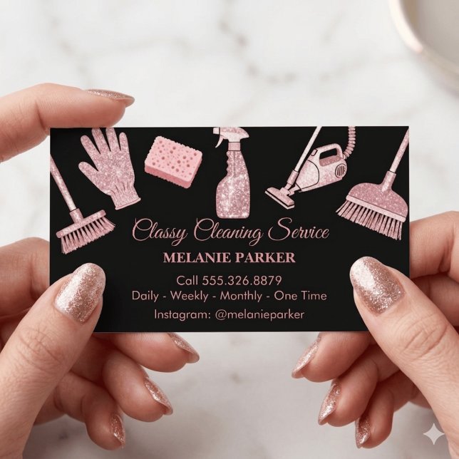 Carte De Visite Black & Rose pink Glitter Classy Cleaning Services (Créateur téléchargé)
