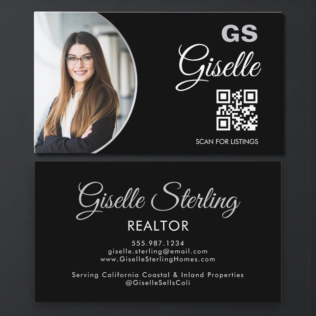 Carte De Visite Black Silver Photo Monogram Realtor QR Code  (Créateur téléchargé)