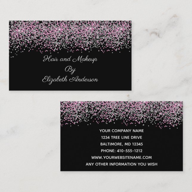 Carte De Visite Black Silver Pink Glitter Overlay Glam Girly  (Devant / Derrière)