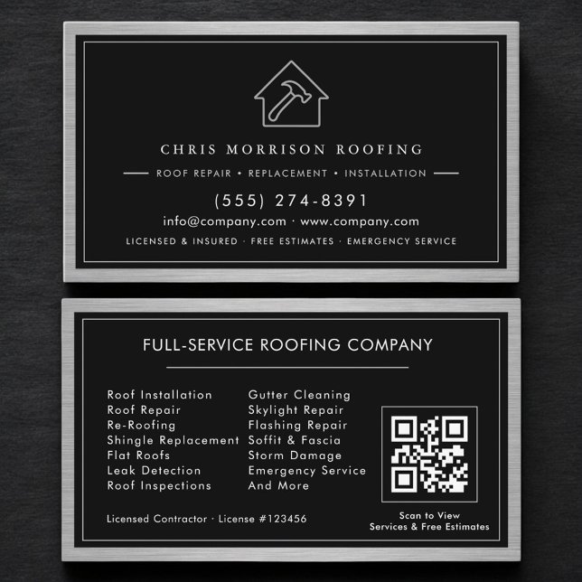 Carte De Visite Black Silver Roofing Construction Services QR Code (Créateur téléchargé)