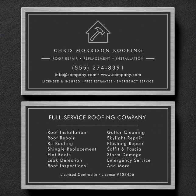 Carte De Visite Black Silver Roofing Roofer Construction Services (Créateur téléchargé)