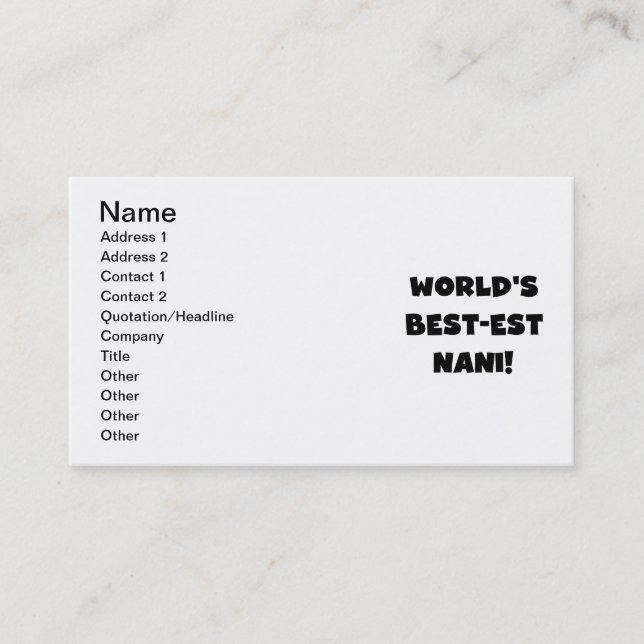 Carte De Visite Black Text World's Best Nani T-shirts et cadeaux (Devant)