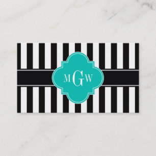 Carte De Visite Black What Stripe Quatrefoil Turquoise 3 Monogramm