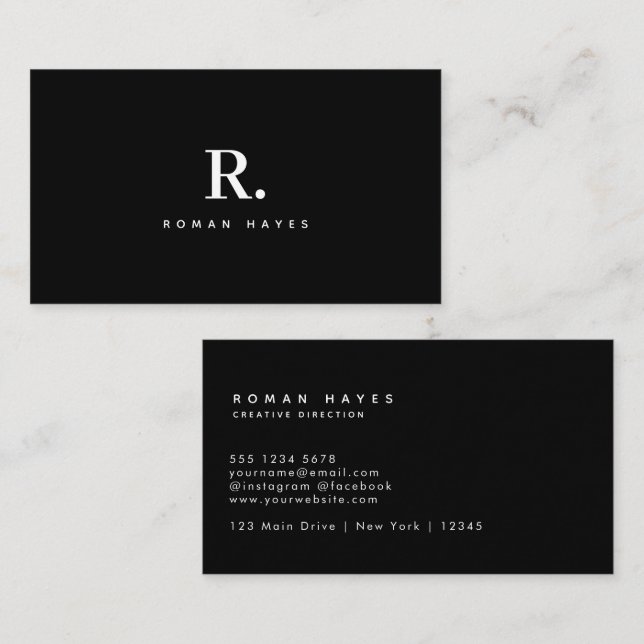 Carte De Visite Black White Bold Dot Monogram Modern Minimalist (Devant / Derrière)