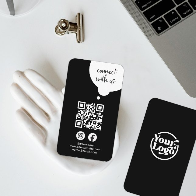 Carte De Visite Black White Connect Us QR Code Médias sociaux (Créateur téléchargé)