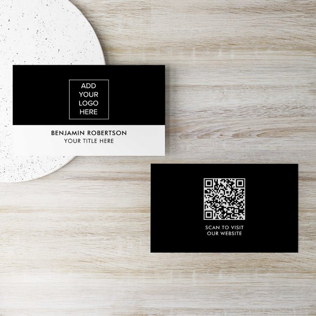 Carte De Visite Black White Custom Logo QR Code Modern Simple (Créateur téléchargé)