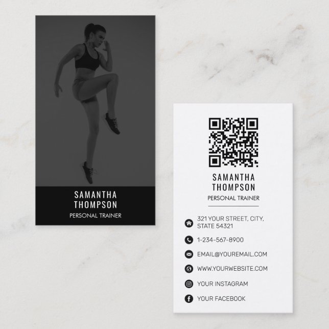 Carte De Visite Black White Personal Trainer Fitness Photo personn (Devant / Derrière)