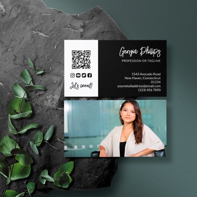 Carte De Visite Black White QR Code Photo Médias sociaux Icônes (Créateur téléchargé)