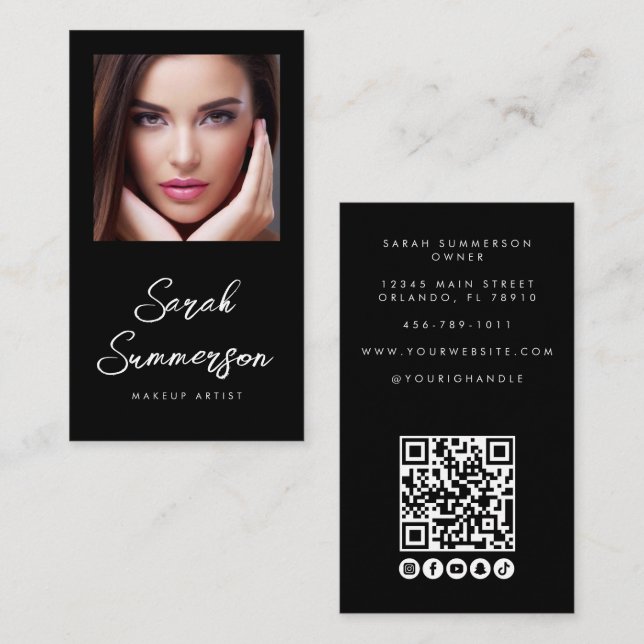 Carte De Visite Black White Social Media QR Photo Makeup (Devant / Derrière)