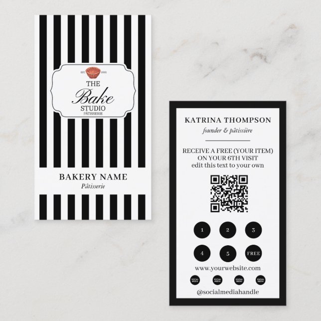 Carte De Visite Black White Stripes Bakery Logo Loyalty Punch (Devant / Derrière)
