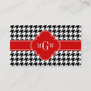 Carte De Visite Black Wht Houndstooth Red Quatrefoil