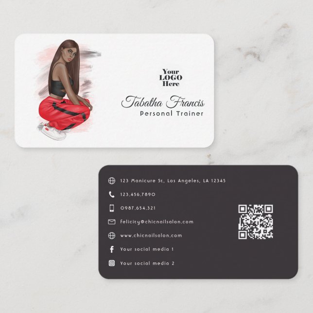 Carte De Visite Black Woman Fitness Instructor Girl QR Code (Devant / Derrière)