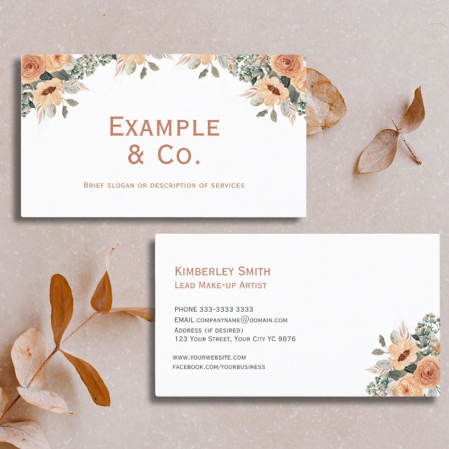 Carte de visite blanc, abricot floral, pas de logo (Simple and elegant floral business card with peach roses and flowers along with greenery )
