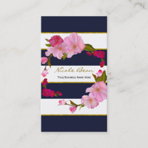 Carte De Visite Blanc Bleu et Or Moderne Floral Chic Glamour