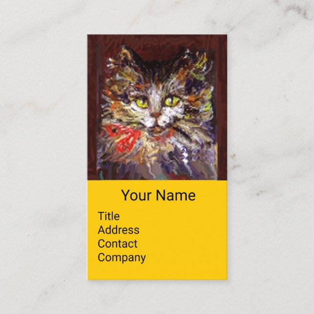 Carte De Visite BLANC BROWN KITTY CAT PORTRAIT, ROUGE RIBBON Jaune (Devant)
