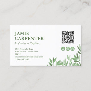 Carte De Visite Blanc Calme vert QR Code Photo Médias sociaux