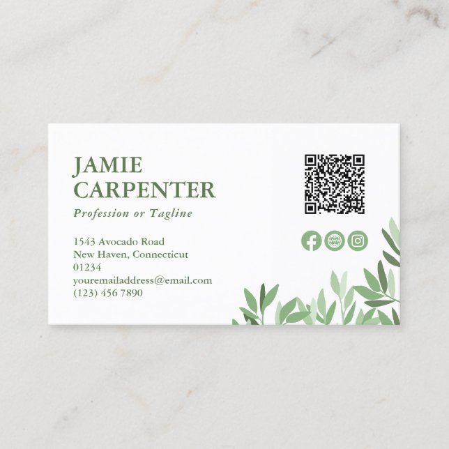 Carte De Visite Blanc Calme vert QR Code Photo Médias sociaux (Devant)