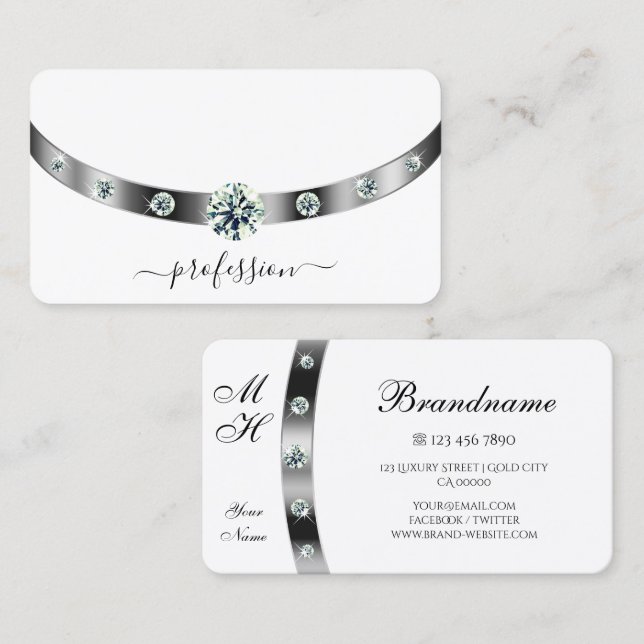 Carte De Visite Blanc et argent tendance avec diamants Monogramme (Devant / Derrière)