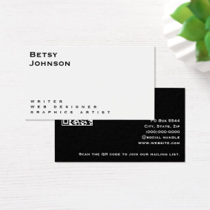 Carte de visite blanc et noir minimaliste avec cod