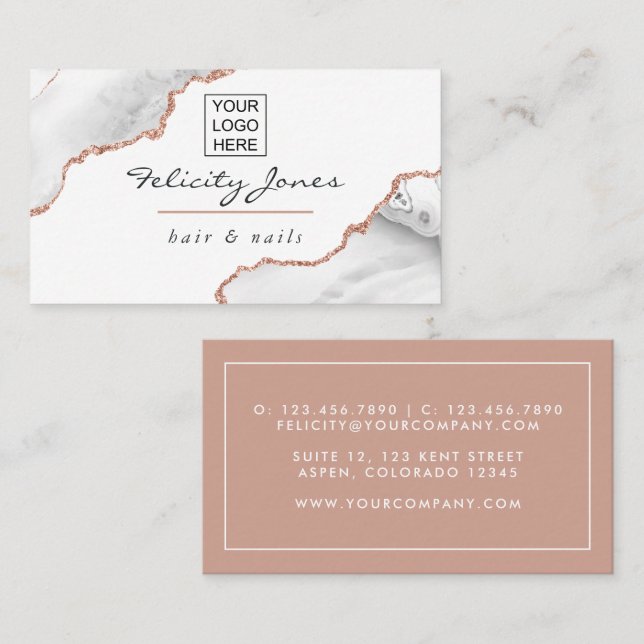 Carte De Visite Blanc et or rose Agate Ajouter un logo (Devant / Derrière)