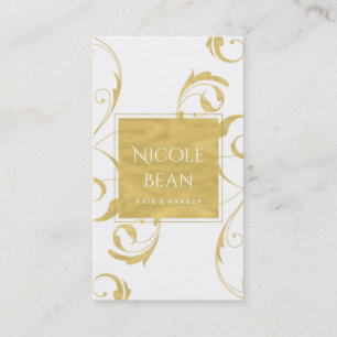 Carte De Visite Blanc & Faux Or Floral Swirl Élégant
