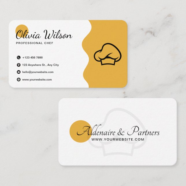 Carte De Visite Blanc jaune moderne Chef professionnel avec adress (Devant / Derrière)
