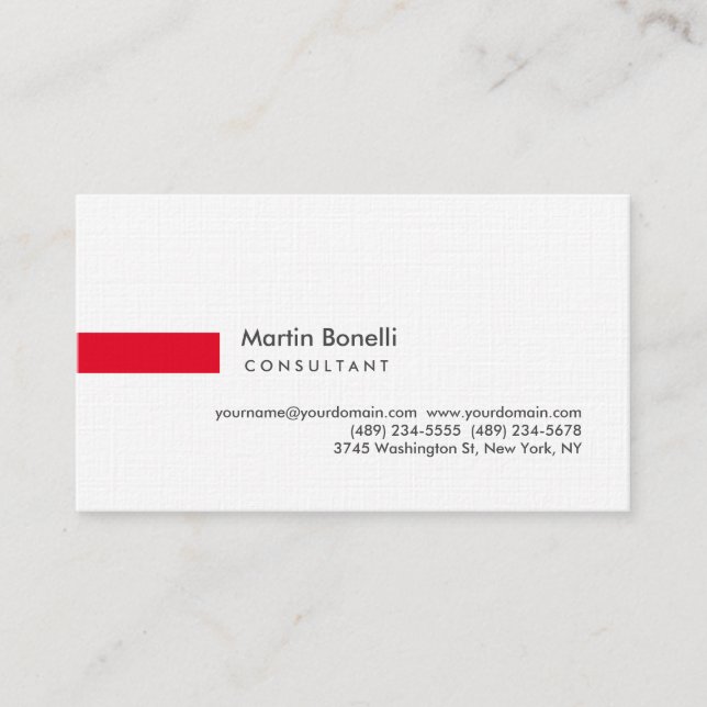 Carte De Visite Blanc moderne Rouge Simple Consultant Lin Premium (Devant)