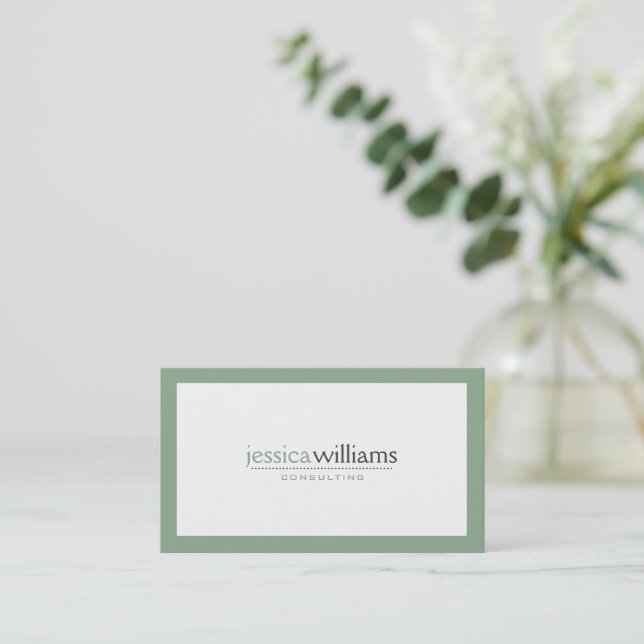 Carte De Visite Blanc Moderne Simple Avec Bordure Verte Sage (Debout devant)