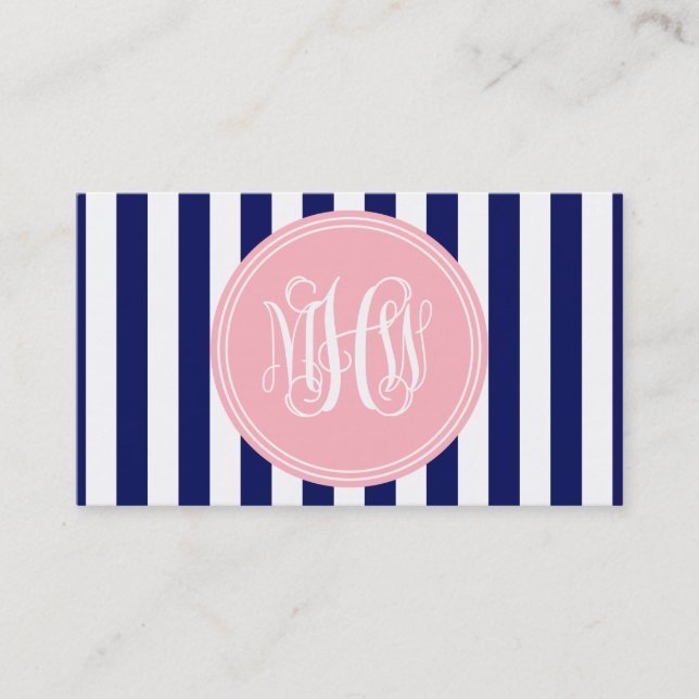 Carte De Visite Blanc Navy Vert Rayure 6x Rose Vigne Monogramme Fo (Devant)