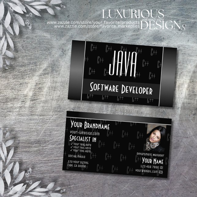 Carte De Visite Blanc noir moderne avec photo et lettres Motif (Créateur téléchargé)