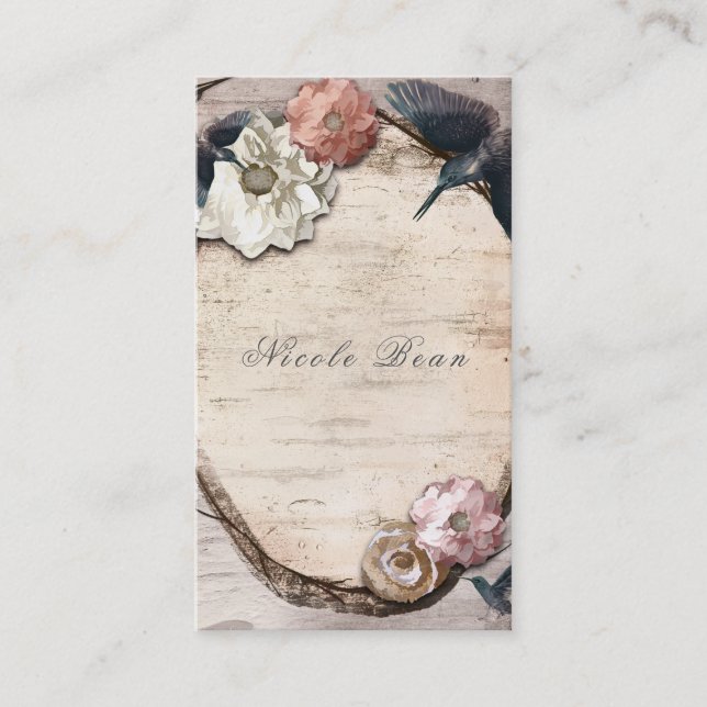 Carte De Visite Blanc Rustique Fleur de Birch & Colibri Élégant (Devant)