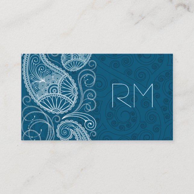 Carte De Visite Blanc sur Blue Retro Paisley Motif Design (Devant)