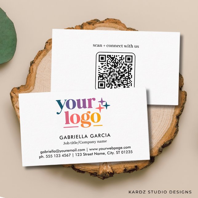 Carte de visite blanche avec QR code logo de base (Add your logo, name and title, contact info and enter URL to create QR Code on the back.)
