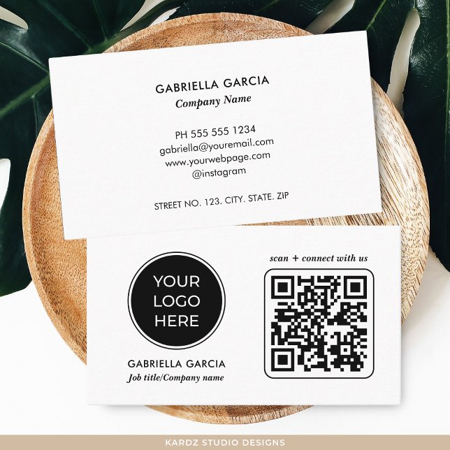 Carte de visite blanche moderne avec logo scannabl (Add your logo, QR Code, and business information. )