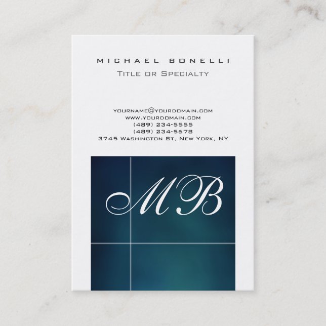 Carte de visite blanche monogramme script bleu gra (Devant)