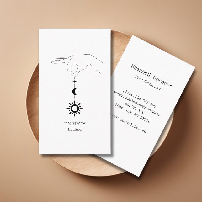Carte de visite blanche Soleil Lune (Green Sun Moon Illustration Business Card. Modern Whimsical. Perfect for Energy Healer & more.)