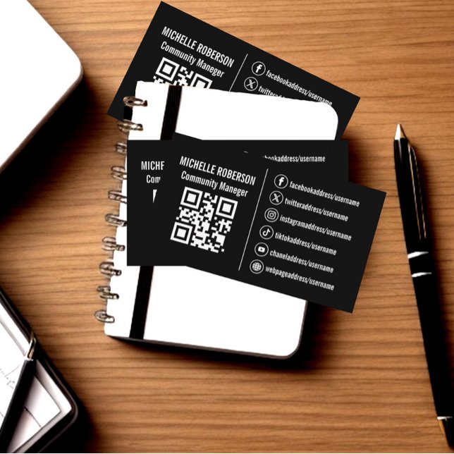 Carte De Visite Blancs icônes de médias sociaux QR sur arrière - p (Elegant black business card with white social media icons and QR code.)