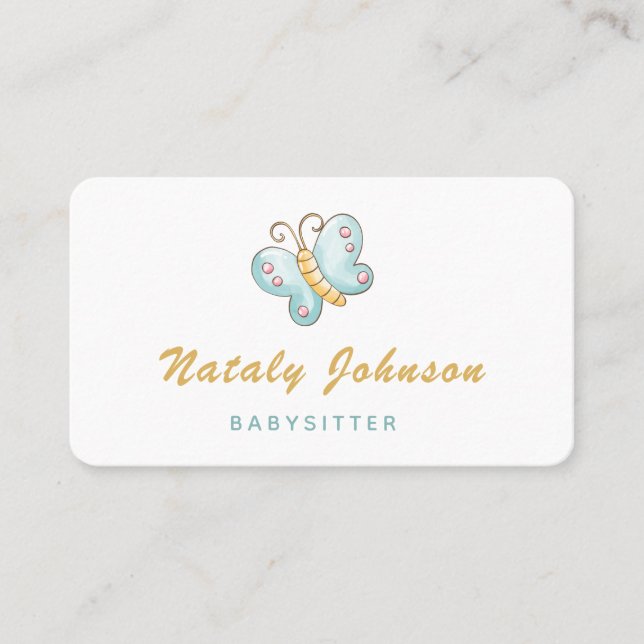 Carte De Visite Bleu Aquarelle Papillon Babysitter Maigre minimale (Devant)