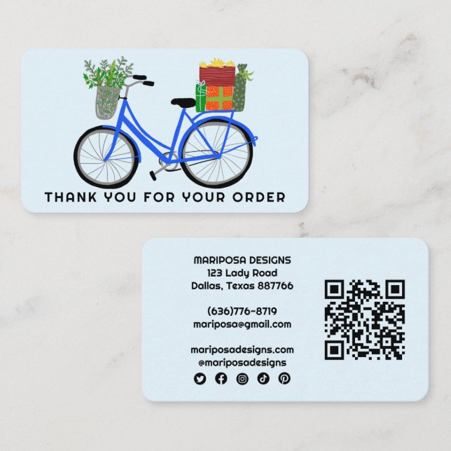 Carte De Visite Bleu Bike Cadeaux Client Commande Merci QR Code (Devant / Derrière)